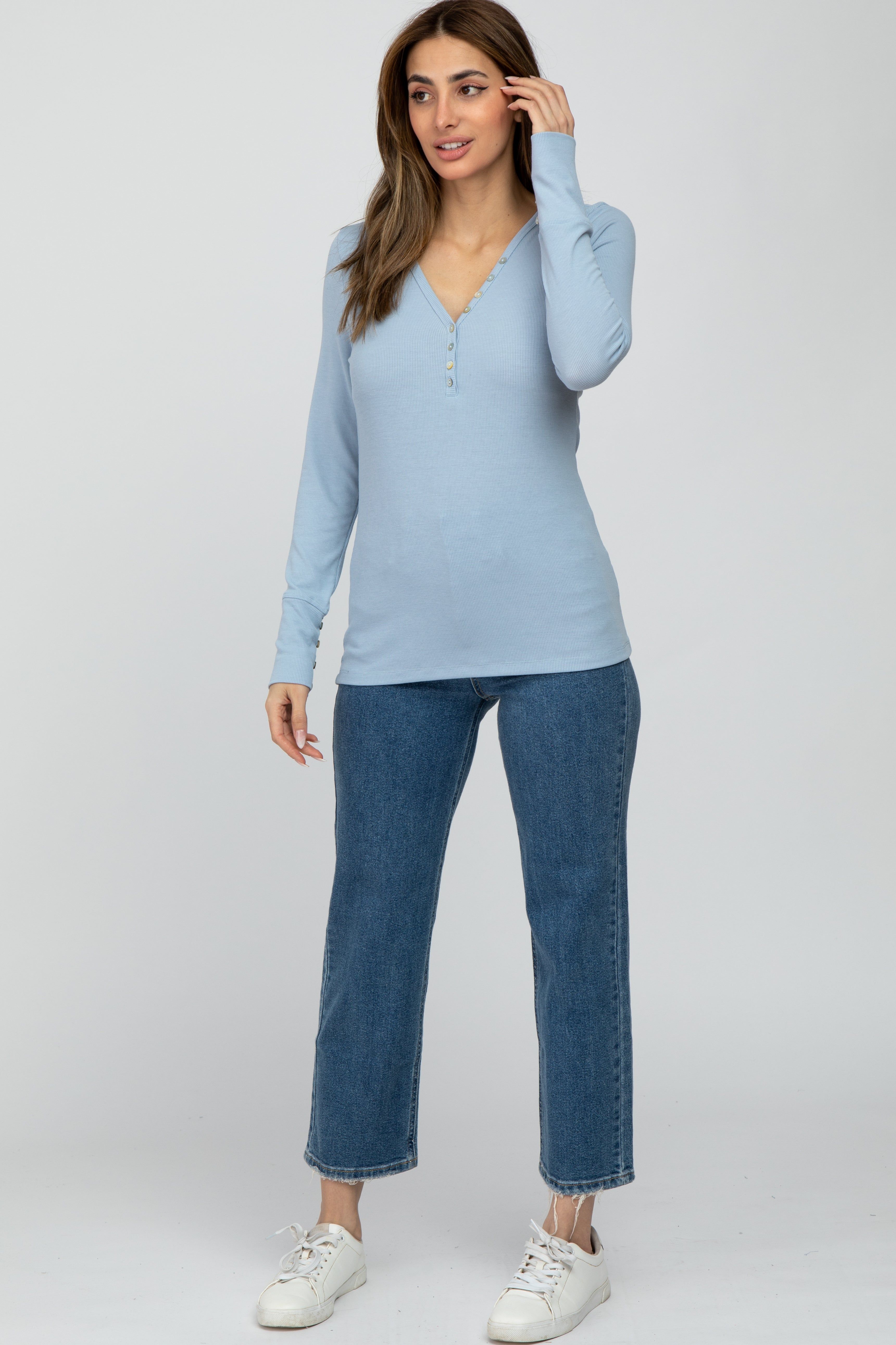 Light Blue Ribbed Button Front Long Sleeve Top sold by Pinkblush product image thumbnail 2