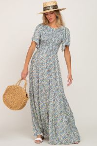 Blue Floral Smocked Tiered Maternity Maxi Dress sold by Pinkblush