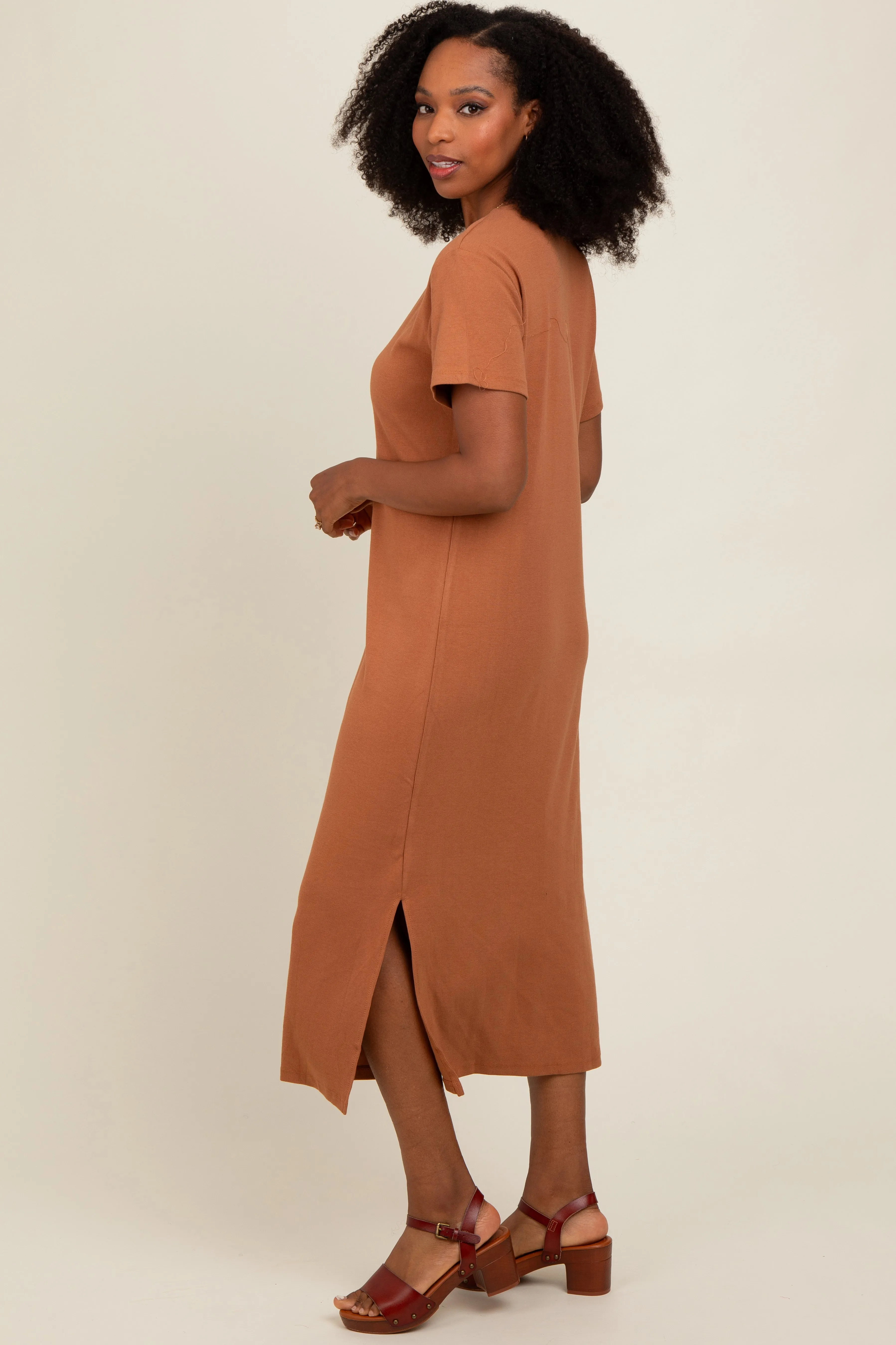 Camel Short Sleeve Side Slit T-Shirt Midi Dress sold by Pinkblush product image thumbnail 3