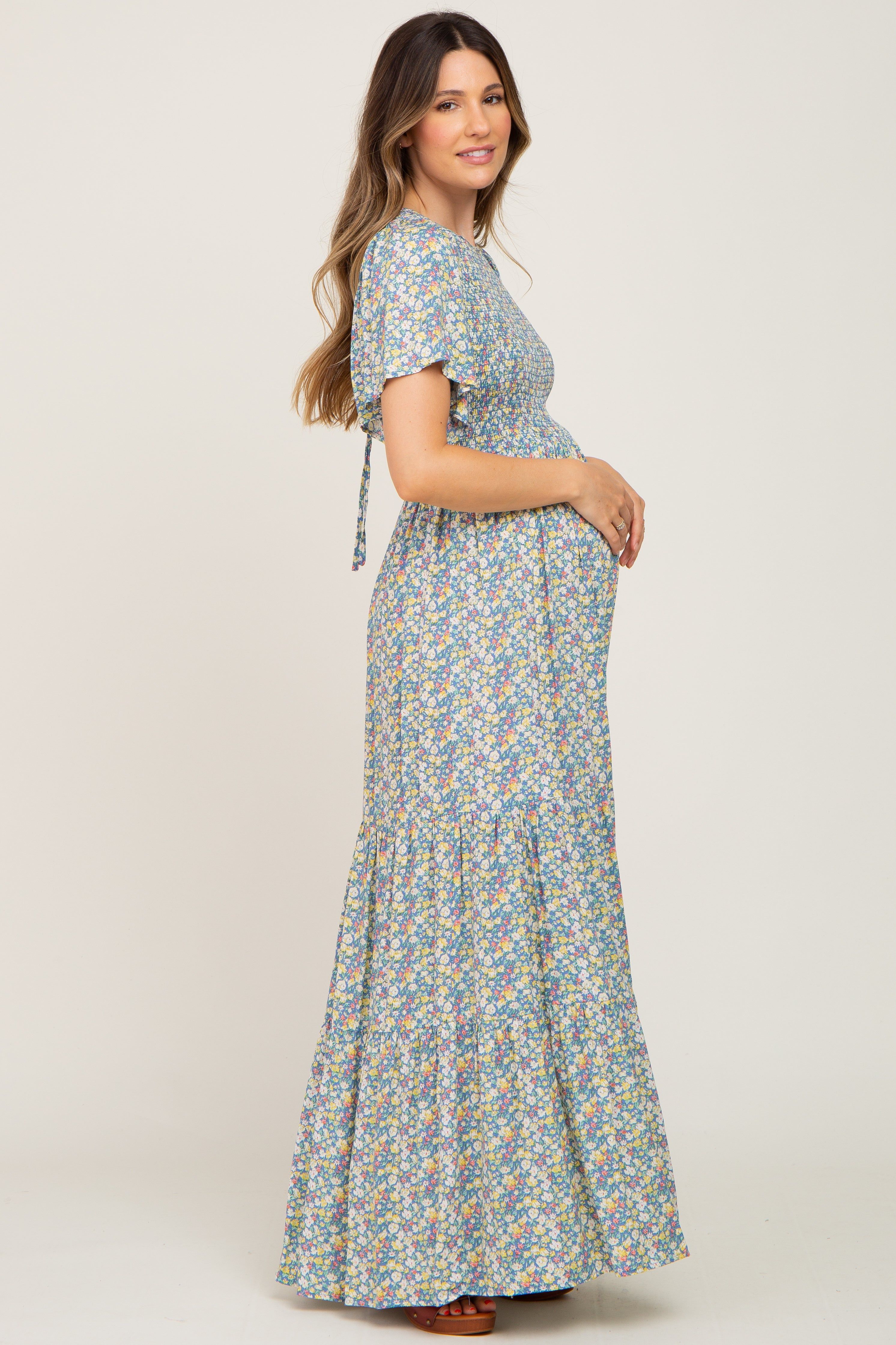 Blue Floral Smocked Tiered Maternity Maxi Dress sold by Pinkblush product image thumbnail 2
