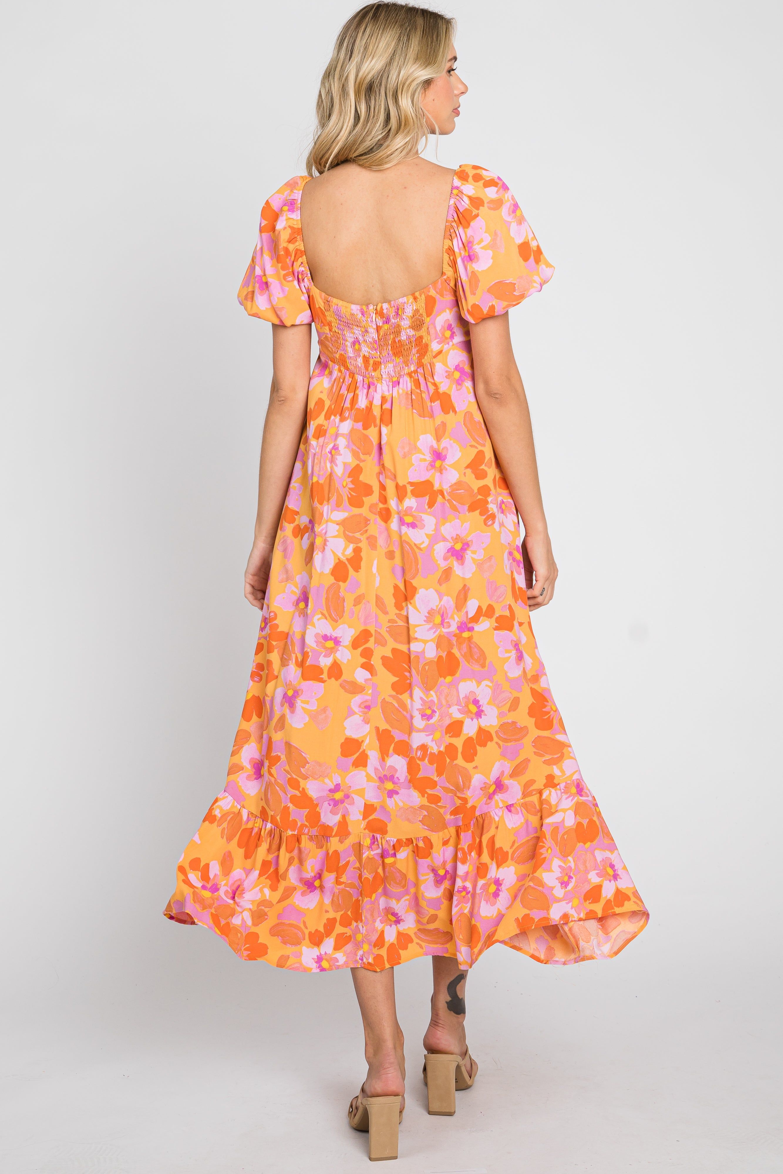 Orange Floral Square Neck Short Puff Sleeve Midi Dress sold by Pinkblush product image thumbnail 3