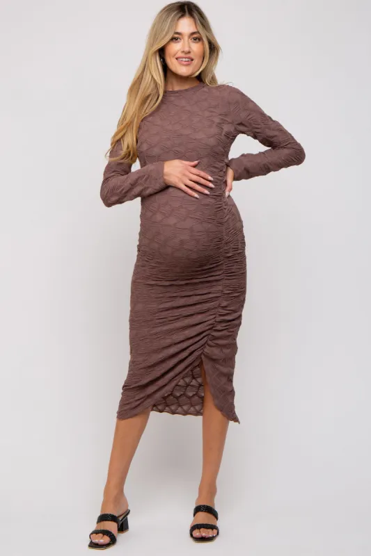 Brown Textured Ruched Maternity Midi Dress sold by Pinkblush