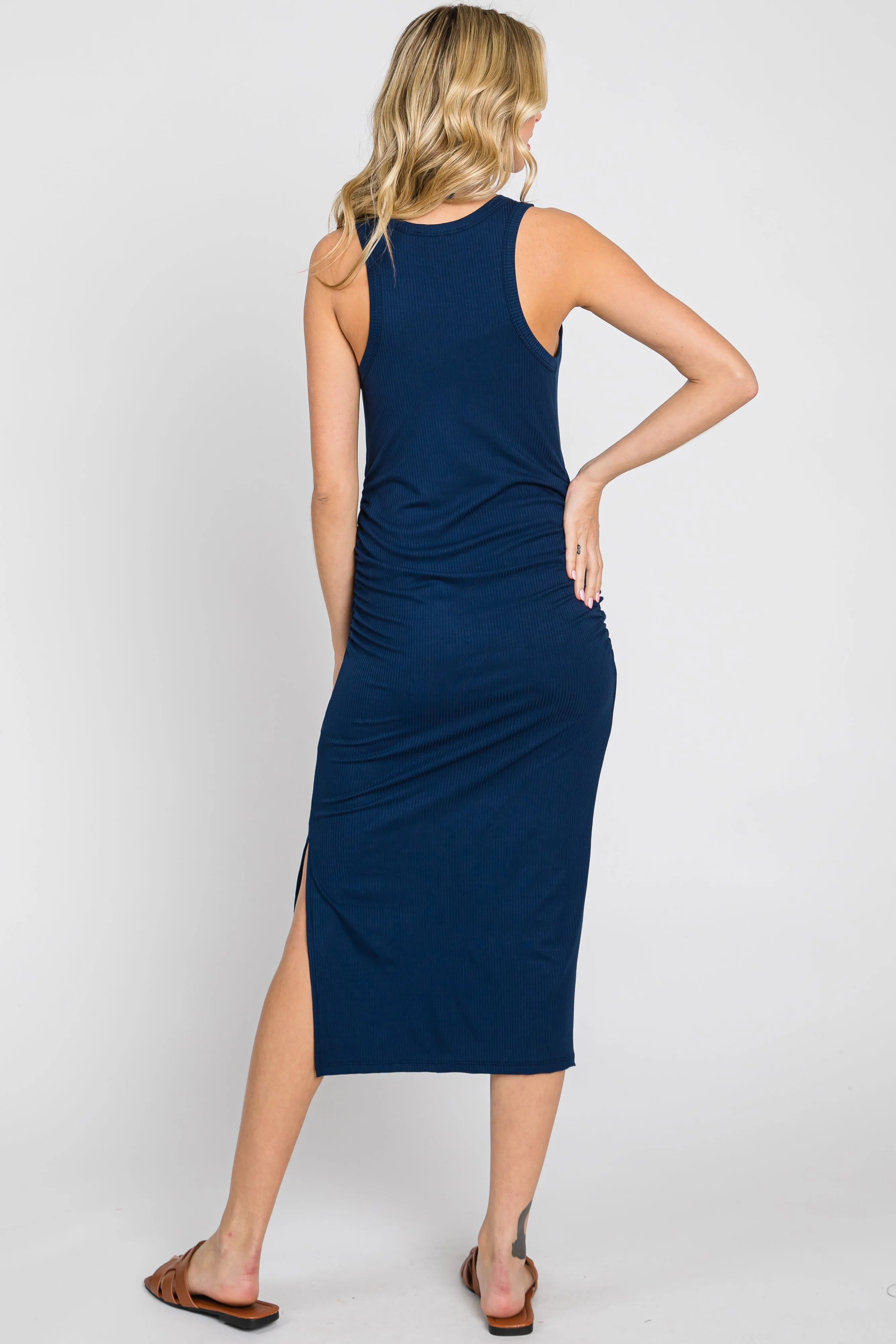 Navy Ribbed Sleeveless Ruched Side Slit Midi Dress sold by Pinkblush product image thumbnail 3