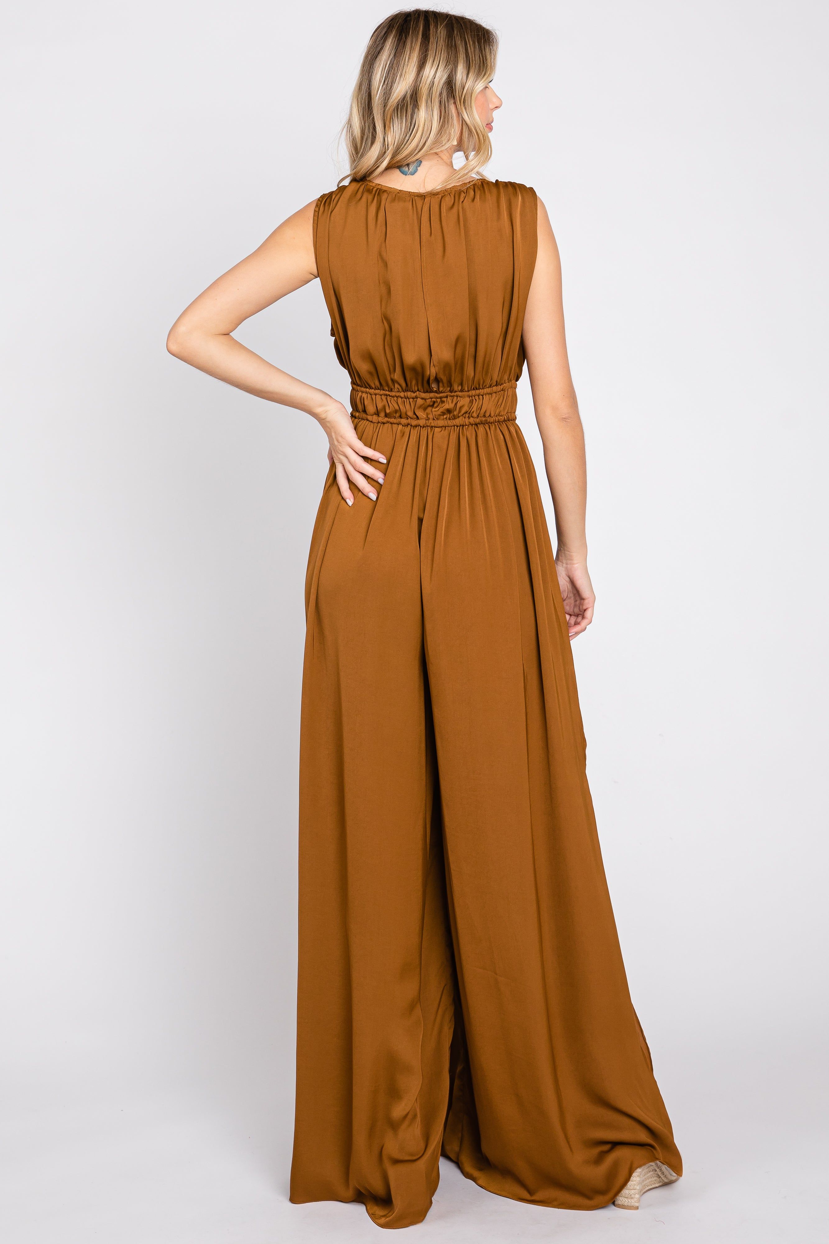 Camel Satin V-Neck Side Slit Jumpsuit sold by Pinkblush product image thumbnail 3