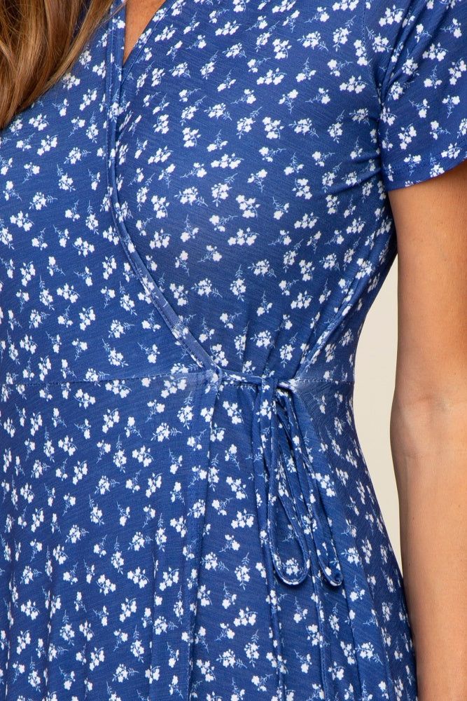 Navy Blue Floral Wrap Front V-Neck Short Sleeve Midi Dress sold by Pinkblush product image thumbnail 4