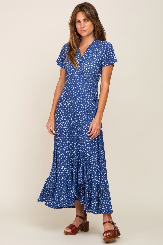 Navy Blue Floral Wrap Front V-Neck Short Sleeve Midi Dress sold by Pinkblush