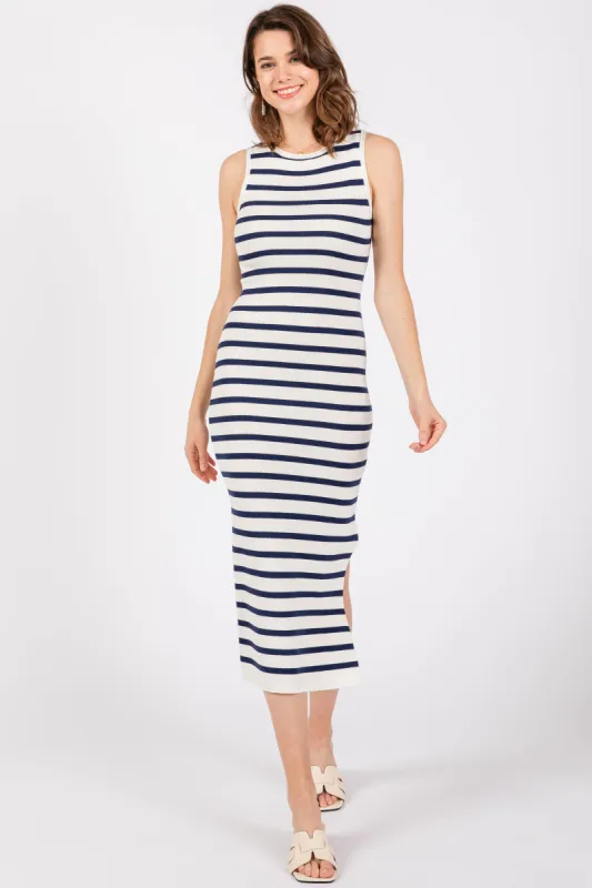 White Navy Striped Knit Sleeveless Side Slit Midi Dress sold by Pinkblush