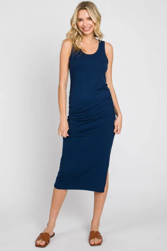 Navy Ribbed Sleeveless Ruched Side Slit Midi Dress sold by Pinkblush