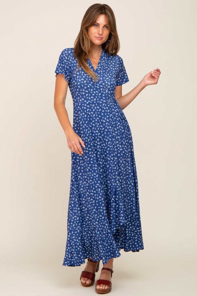 Navy Blue Floral Wrap Front V-Neck Short Sleeve Midi Dress sold by Pinkblush product image thumbnail 5
