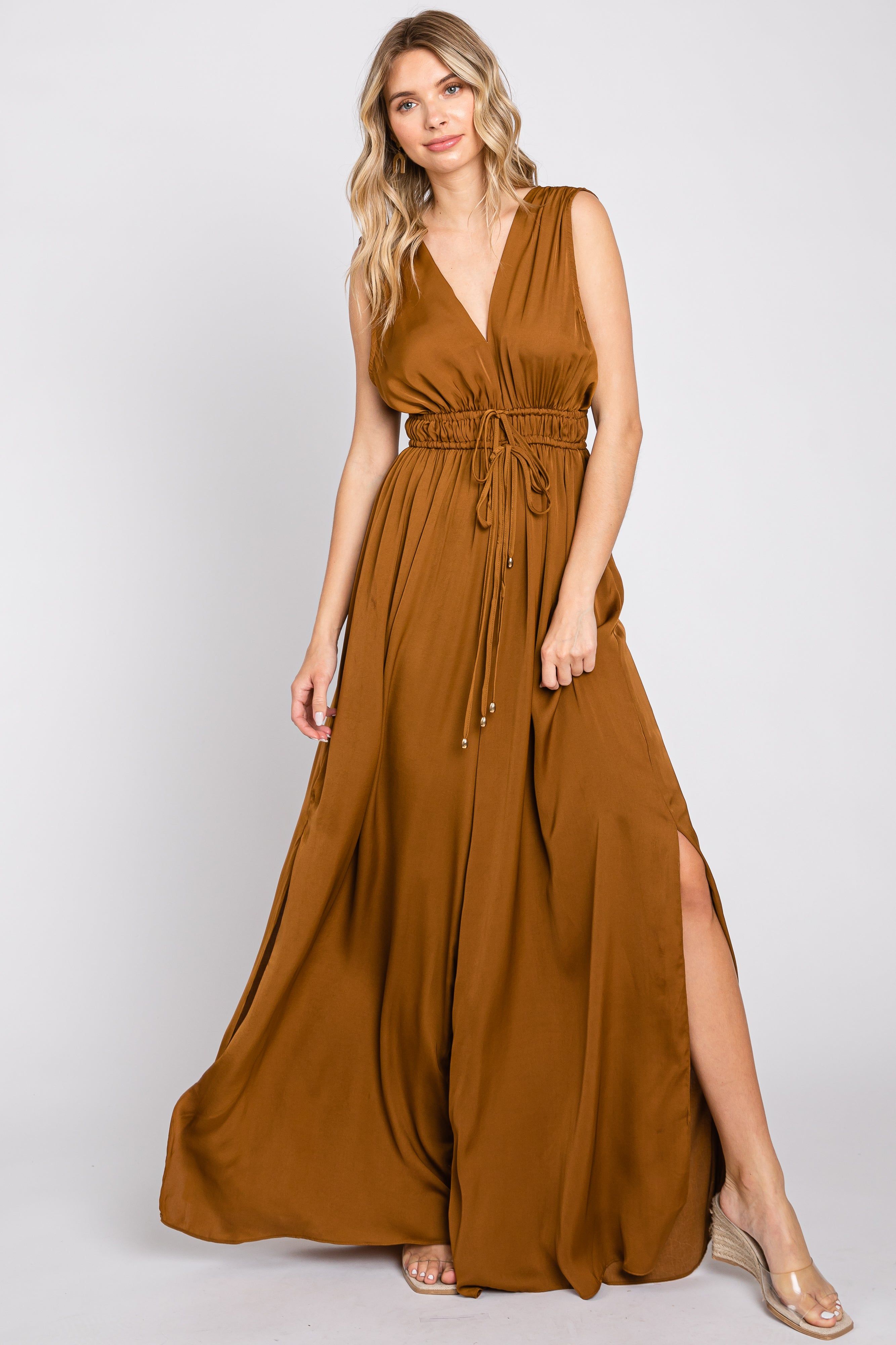Camel Satin V-Neck Side Slit Jumpsuit sold by Pinkblush