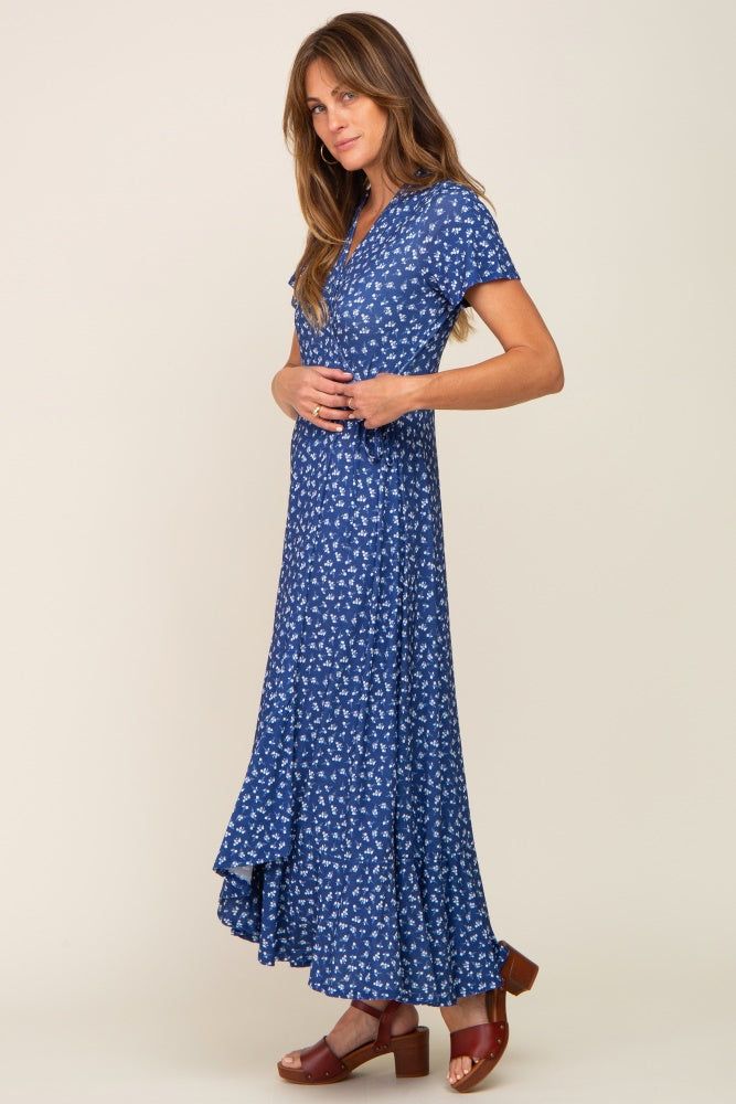 Navy Blue Floral Wrap Front V-Neck Short Sleeve Midi Dress sold by Pinkblush product image thumbnail 2
