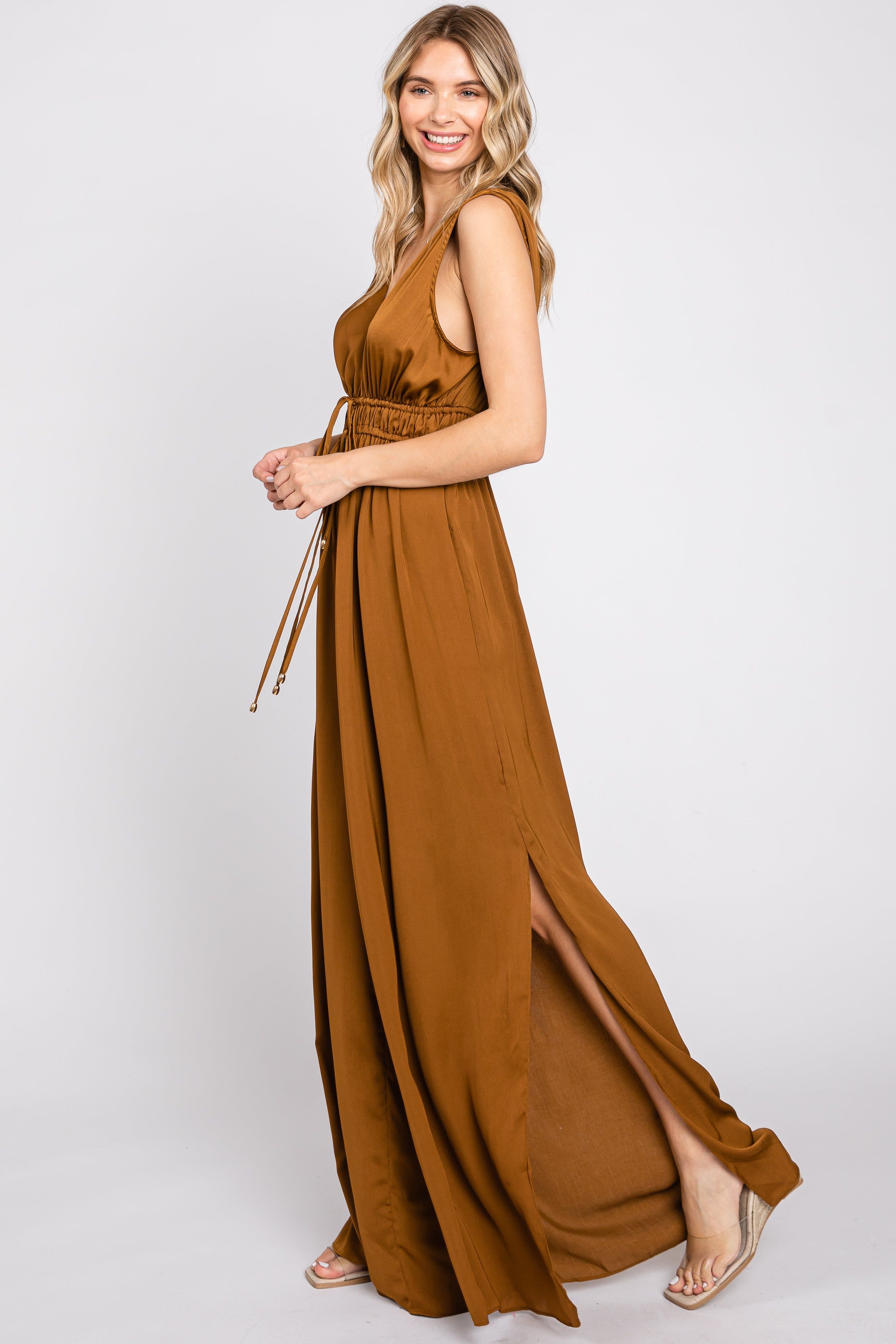 Camel Satin V-Neck Side Slit Jumpsuit sold by Pinkblush product image thumbnail 2