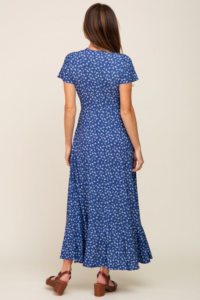Navy Blue Floral Wrap Front V-Neck Short Sleeve Midi Dress sold by Pinkblush product image thumbnail 3