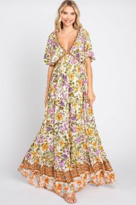 Cream Floral V-Neck Maxi Dress sold by Pinkblush