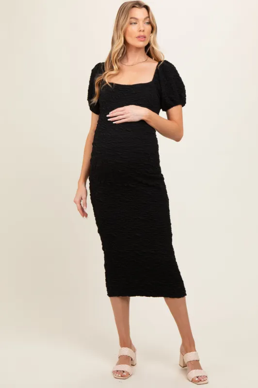 Black Textured Square Neck Puff Sleeve Maternity Midi Dress sold by Pinkblush