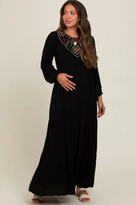 Black Embroidered Maternity Tiered Maxi Dress made by Pinkblush
