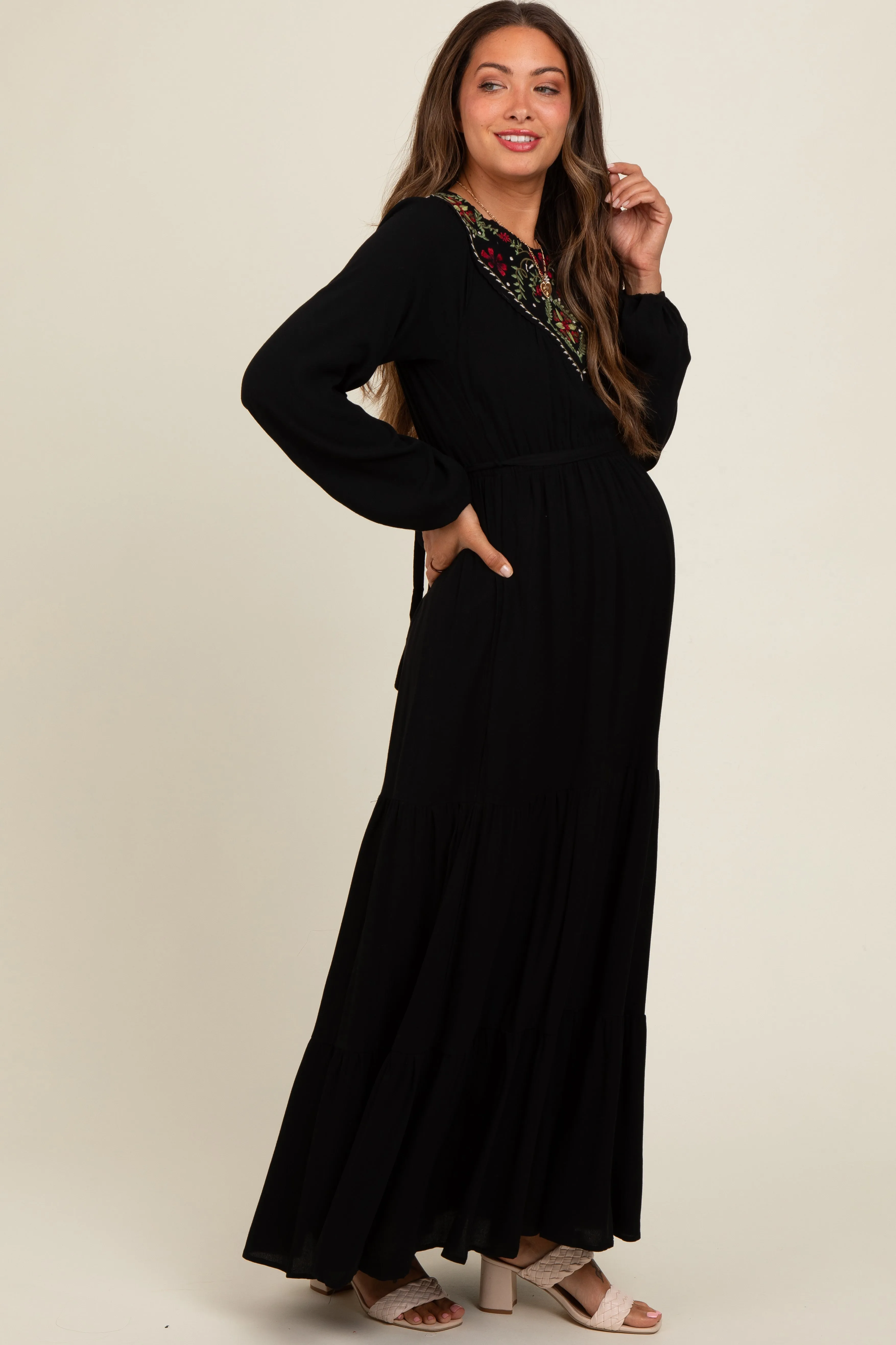 Black Embroidered Maternity Tiered Maxi Dress sold by Pinkblush product image thumbnail 2
