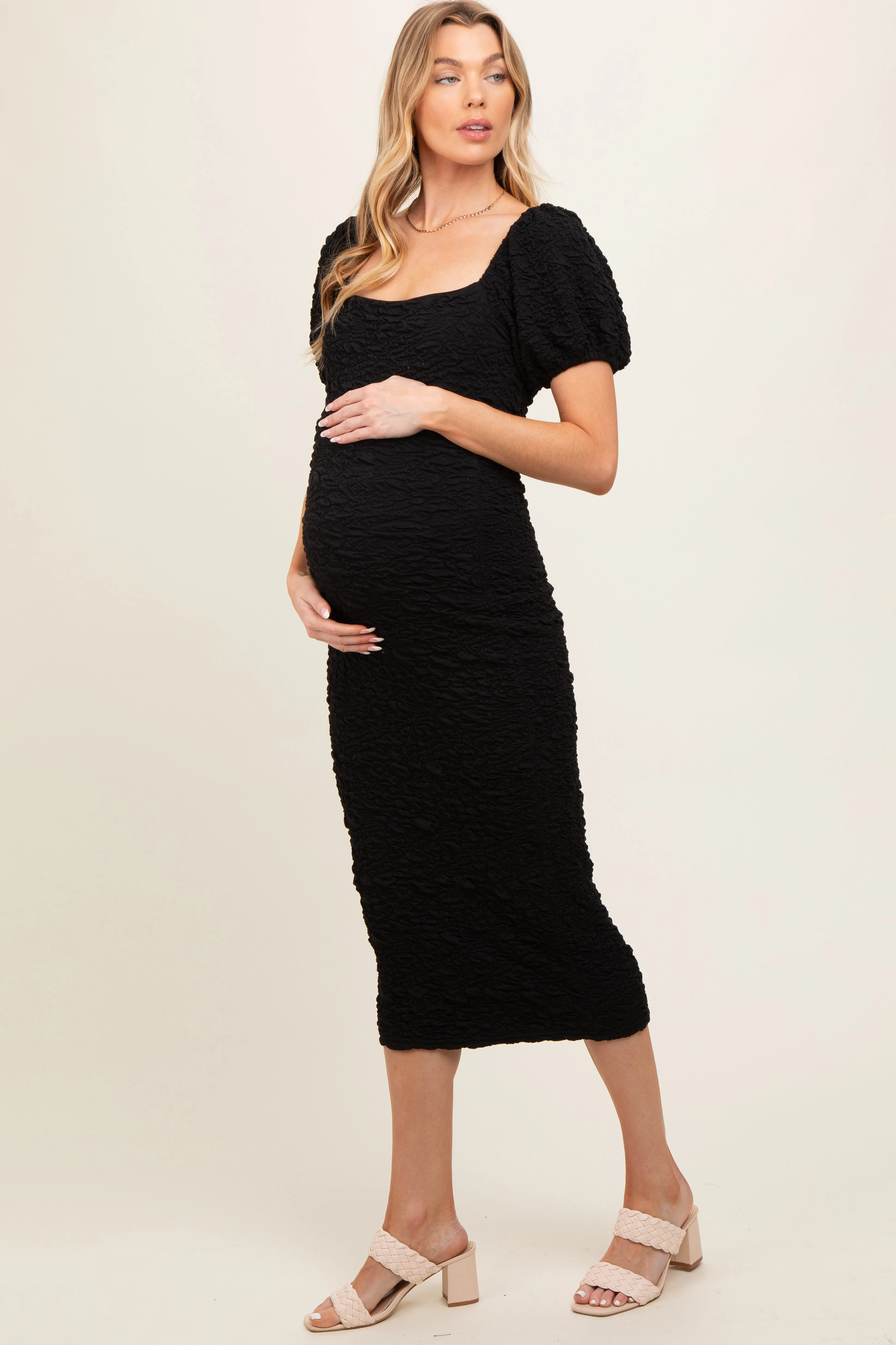 Black Textured Square Neck Puff Sleeve Maternity Midi Dress sold by Pinkblush product image thumbnail 3
