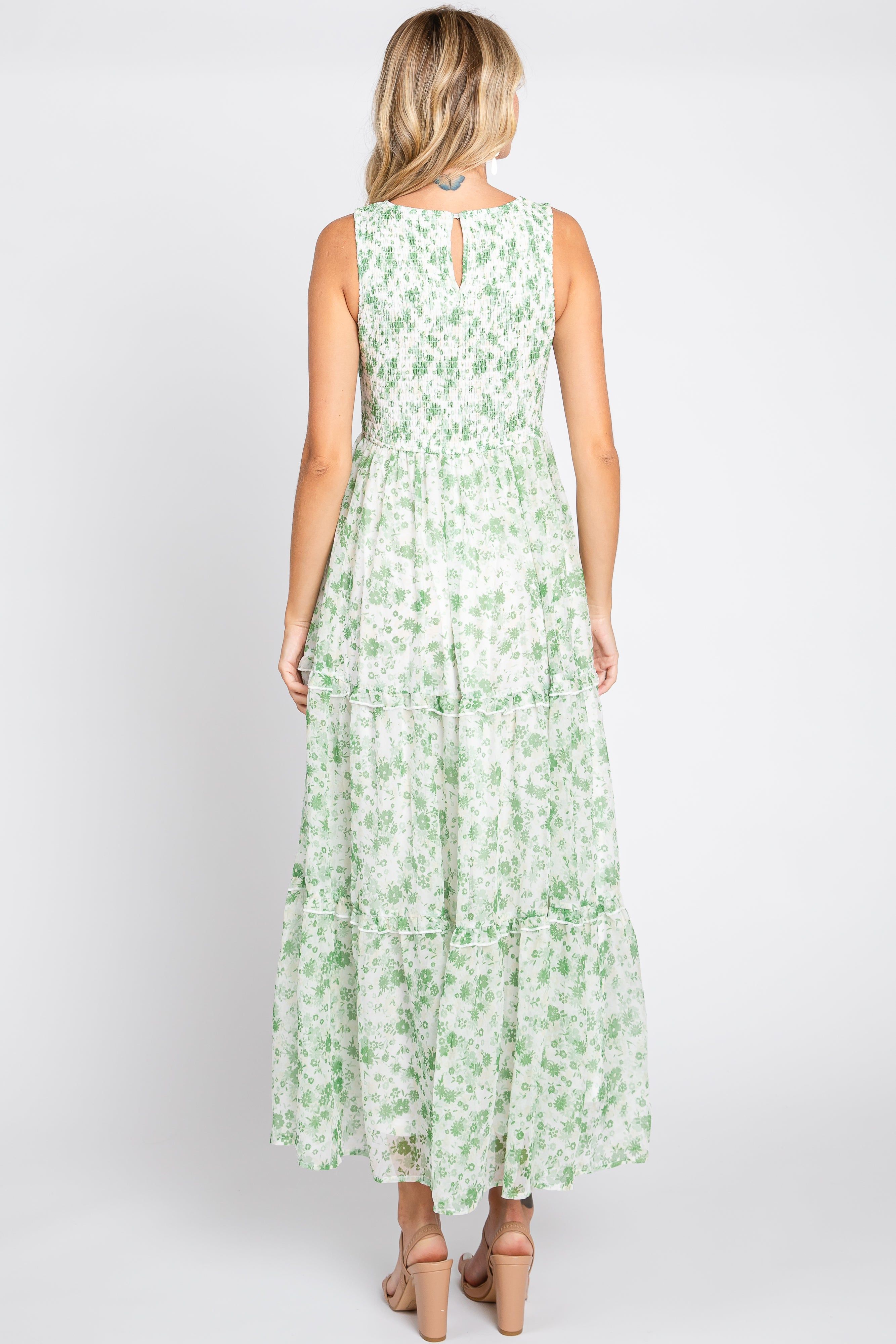 Green Floral Sleeveless Tiered Maxi Dress sold by Pinkblush product image thumbnail 3