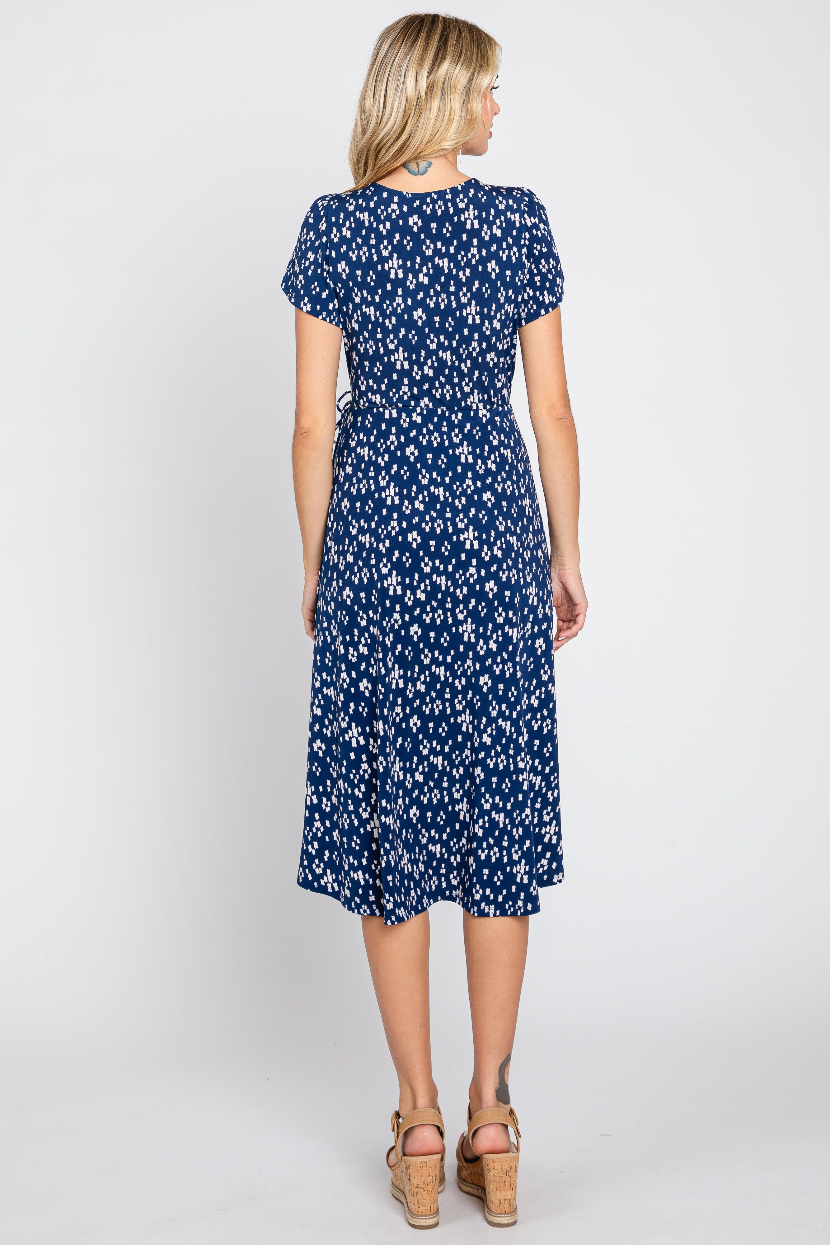 Navy Blue Printed V-Neck Wrap Dress sold by Pinkblush product image thumbnail 3