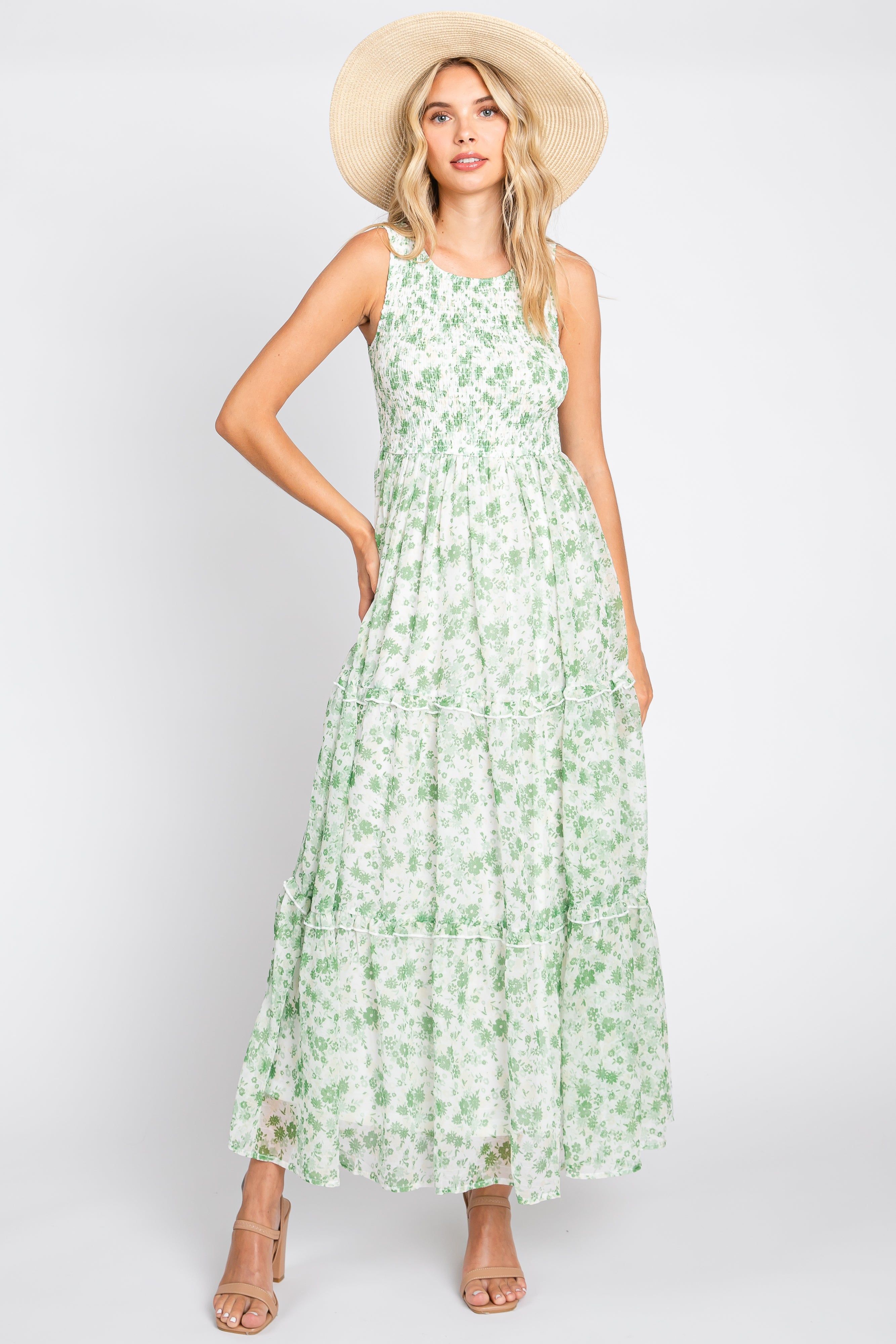 Green Floral Sleeveless Tiered Maxi Dress sold by Pinkblush product image thumbnail 4