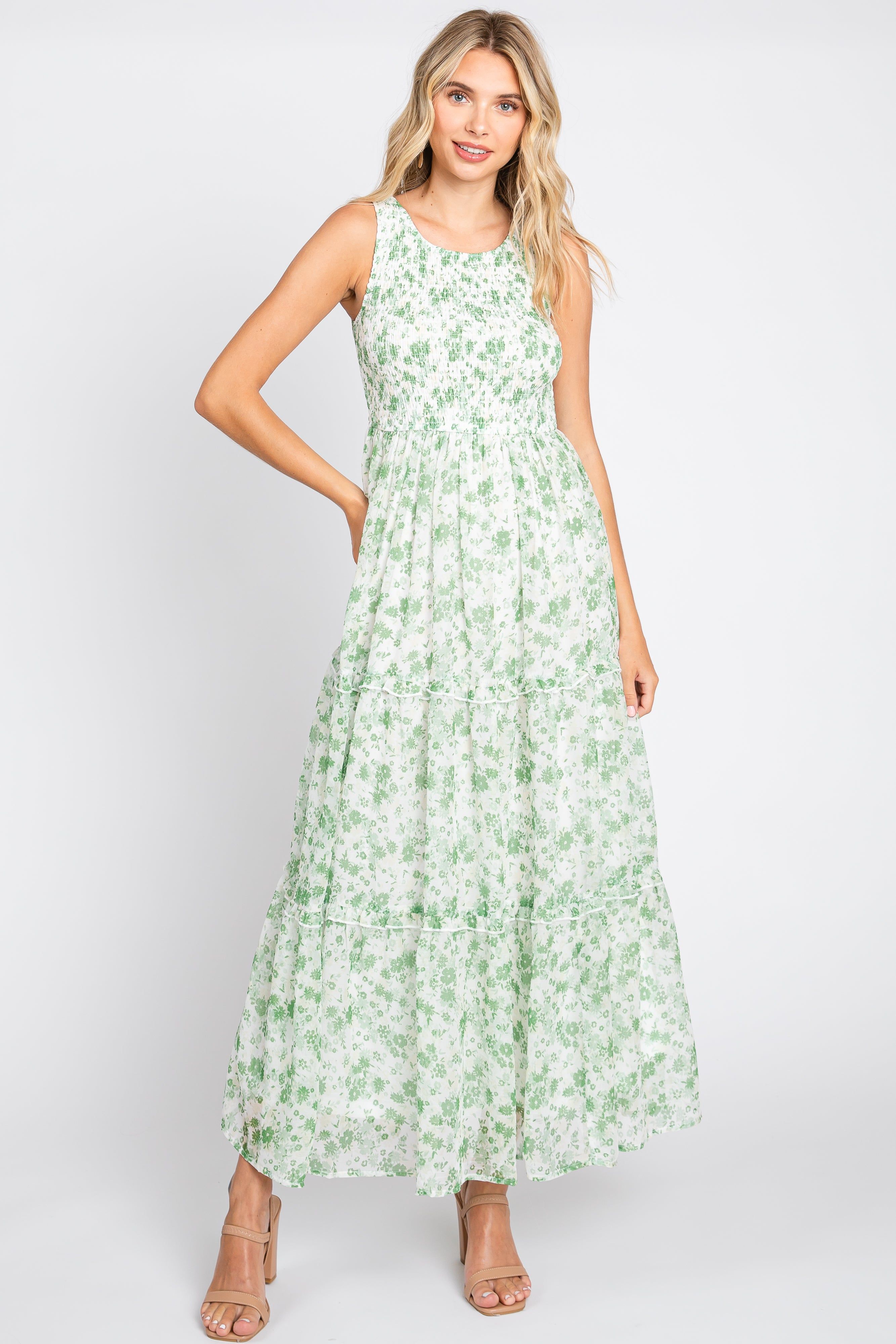 Green Floral Sleeveless Tiered Maxi Dress sold by Pinkblush
