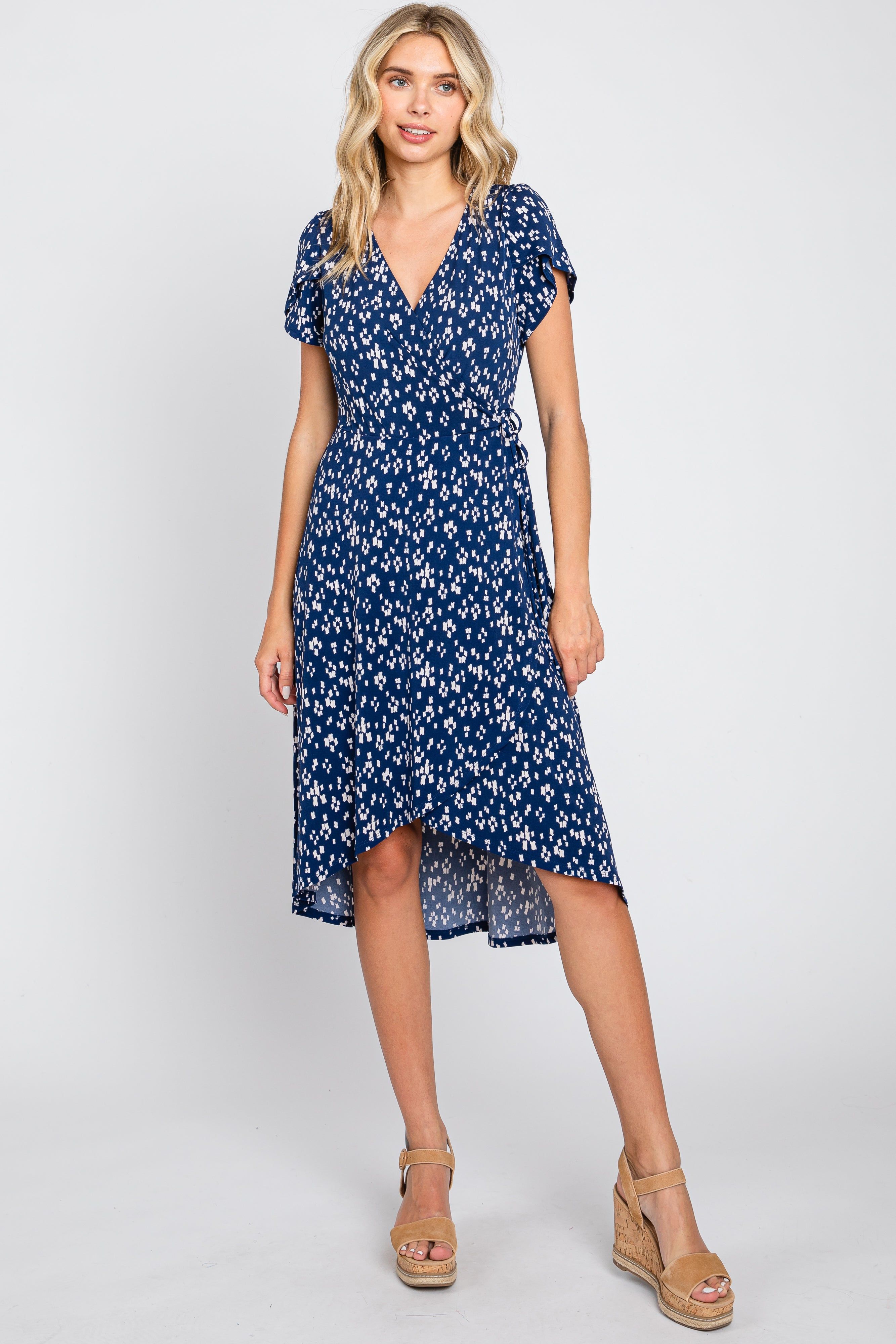 Navy Blue Printed V-Neck Wrap Dress sold by Pinkblush