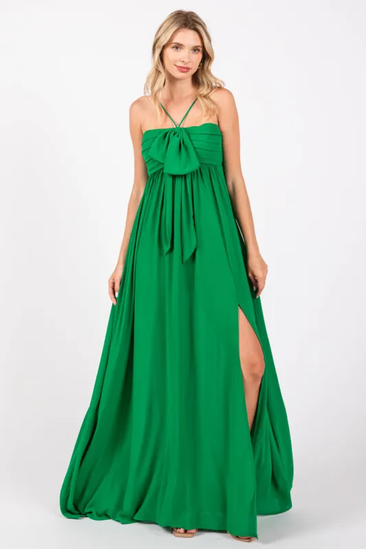 Green Pleated Front Tie Side Slit Maxi Dress sold by Pinkblush