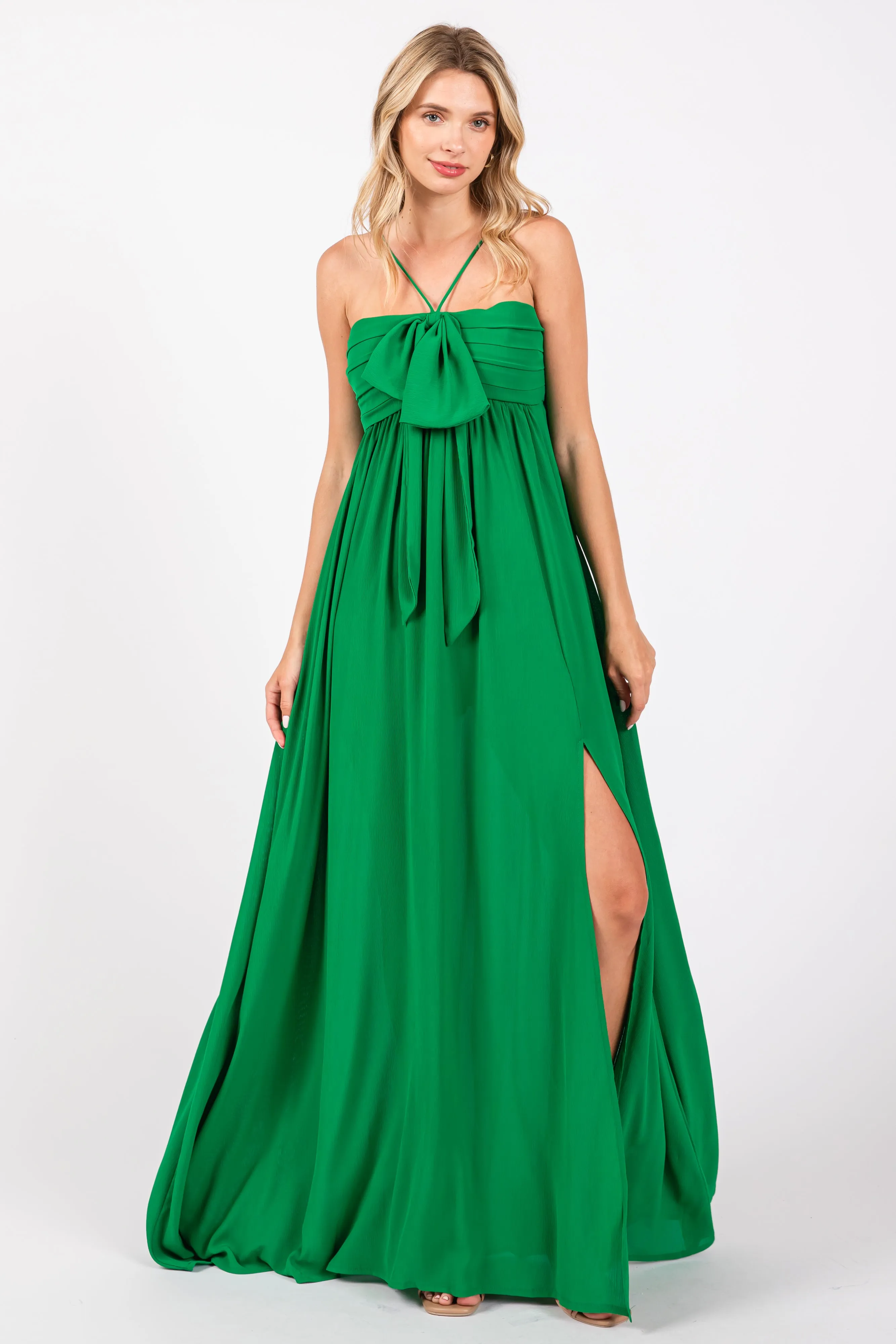 Green Pleated Front Tie Side Slit Maxi Dress sold by Pinkblush