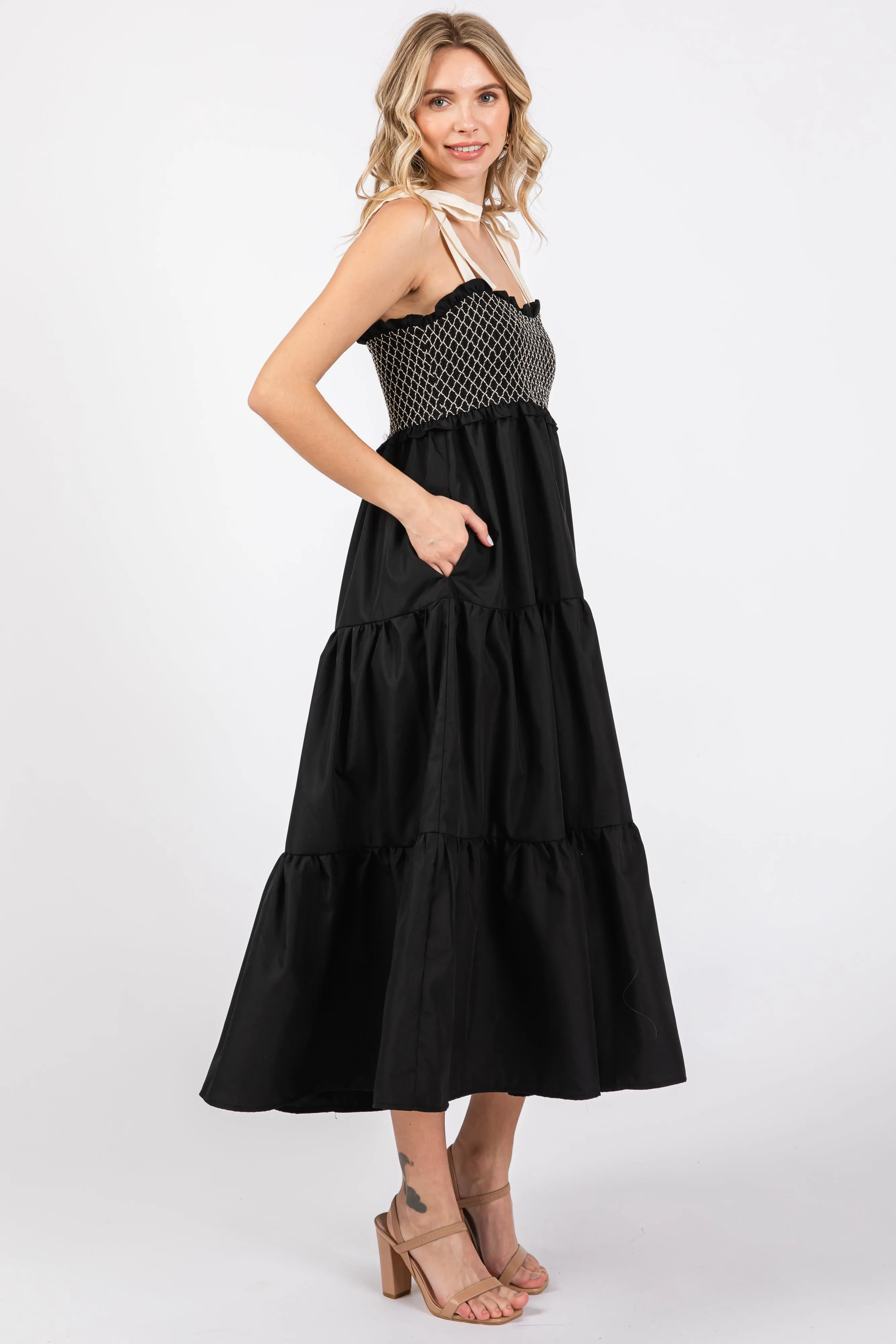 Black Sleeveless Tiered Colorblock Strap Maxi Dress sold by Pinkblush product image thumbnail 2