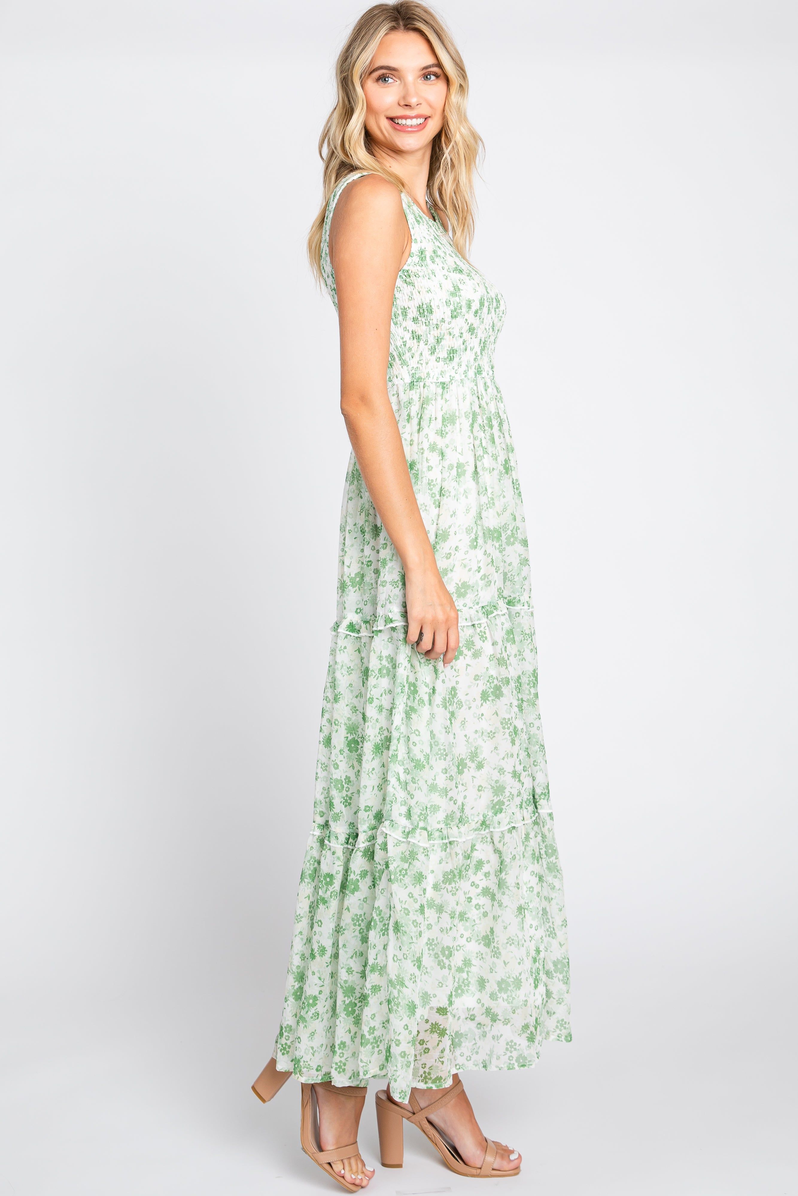 Green Floral Sleeveless Tiered Maxi Dress sold by Pinkblush product image thumbnail 2