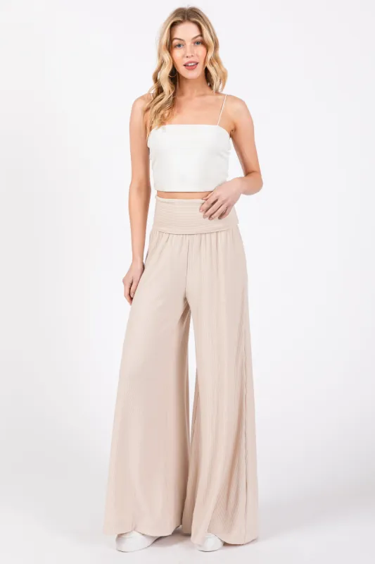 Beige Ribbed Foldover Waist Wide Leg Pants sold by Pinkblush