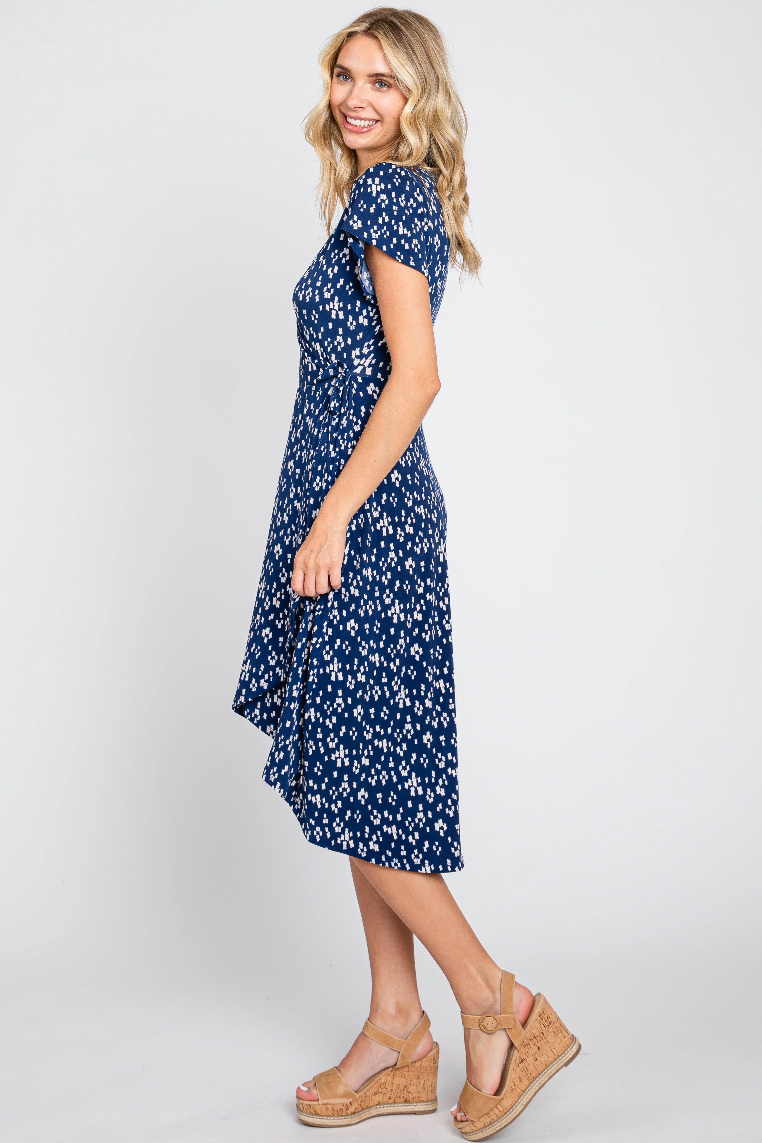 Navy Blue Printed V-Neck Wrap Dress sold by Pinkblush product image thumbnail 2