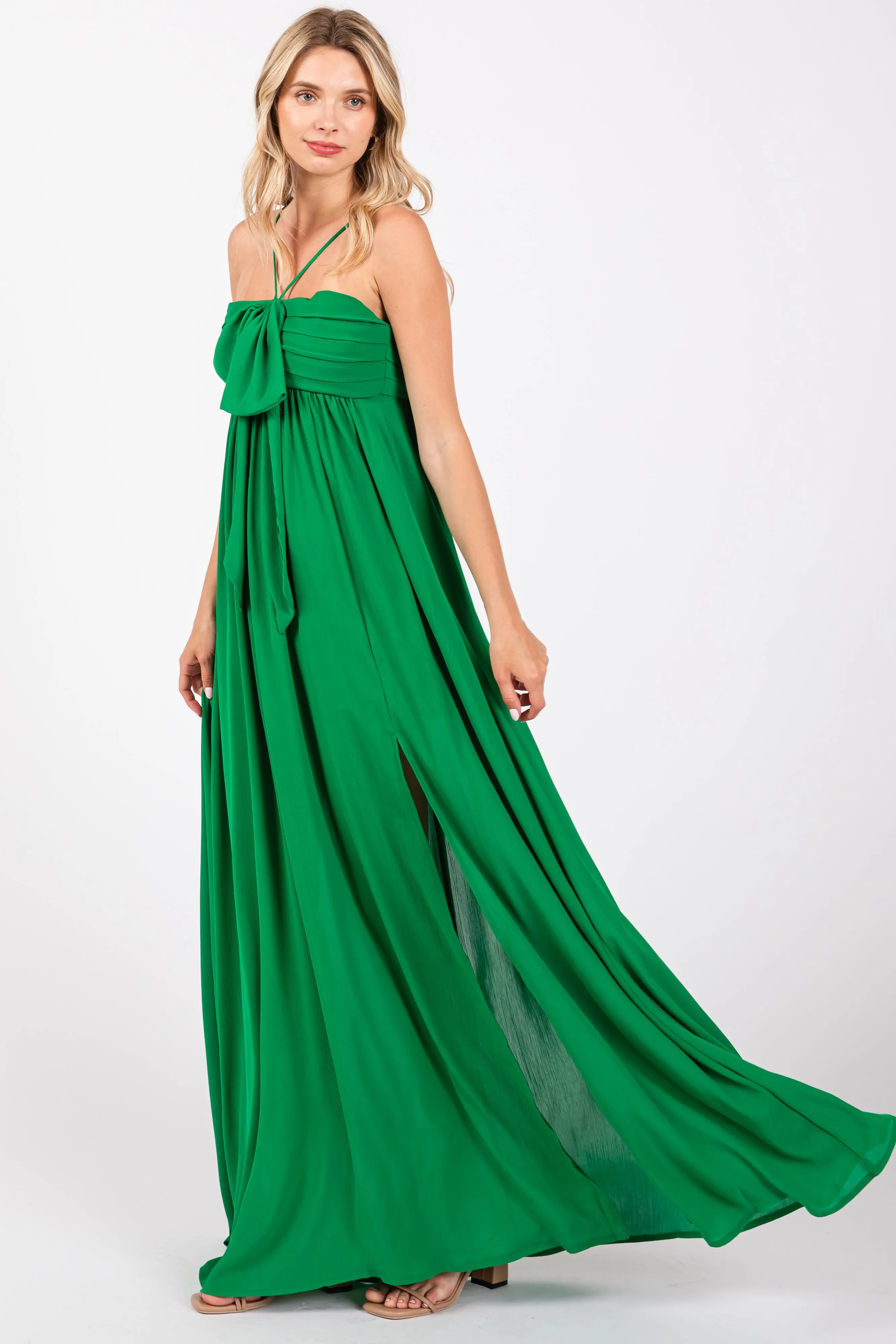 Green Pleated Front Tie Side Slit Maxi Dress sold by Pinkblush product image thumbnail 2