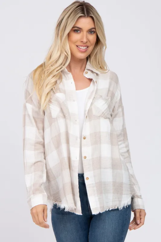 Taupe Plaid Button Front Long Sleeve Top sold by Pinkblush