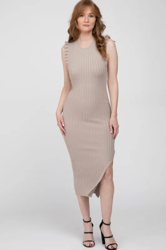 Taupe Ribbed Flutter Accent Midi Dress sold by Pinkblush