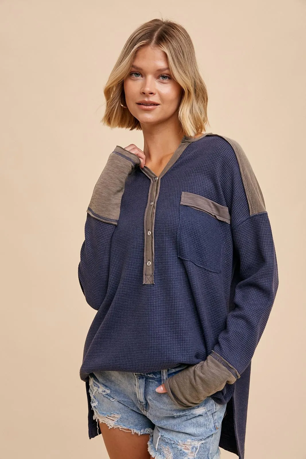 Charcoal Colorblock Waffle Knit Henley Maternity Top sold by Pinkblush product image thumbnail 4