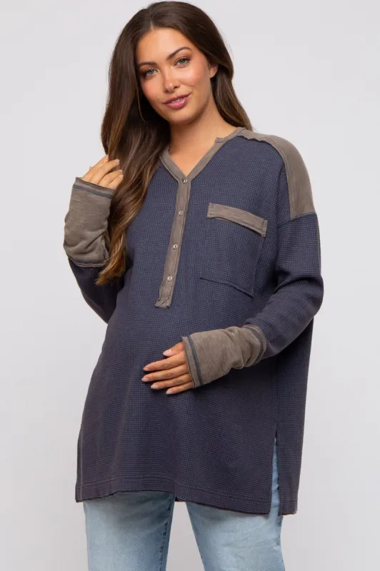 Charcoal Colorblock Waffle Knit Henley Maternity Top sold by Pinkblush