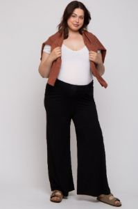 Black Foldover Band Wide Leg Maternity Plus Lounge Pants sold by Pinkblush