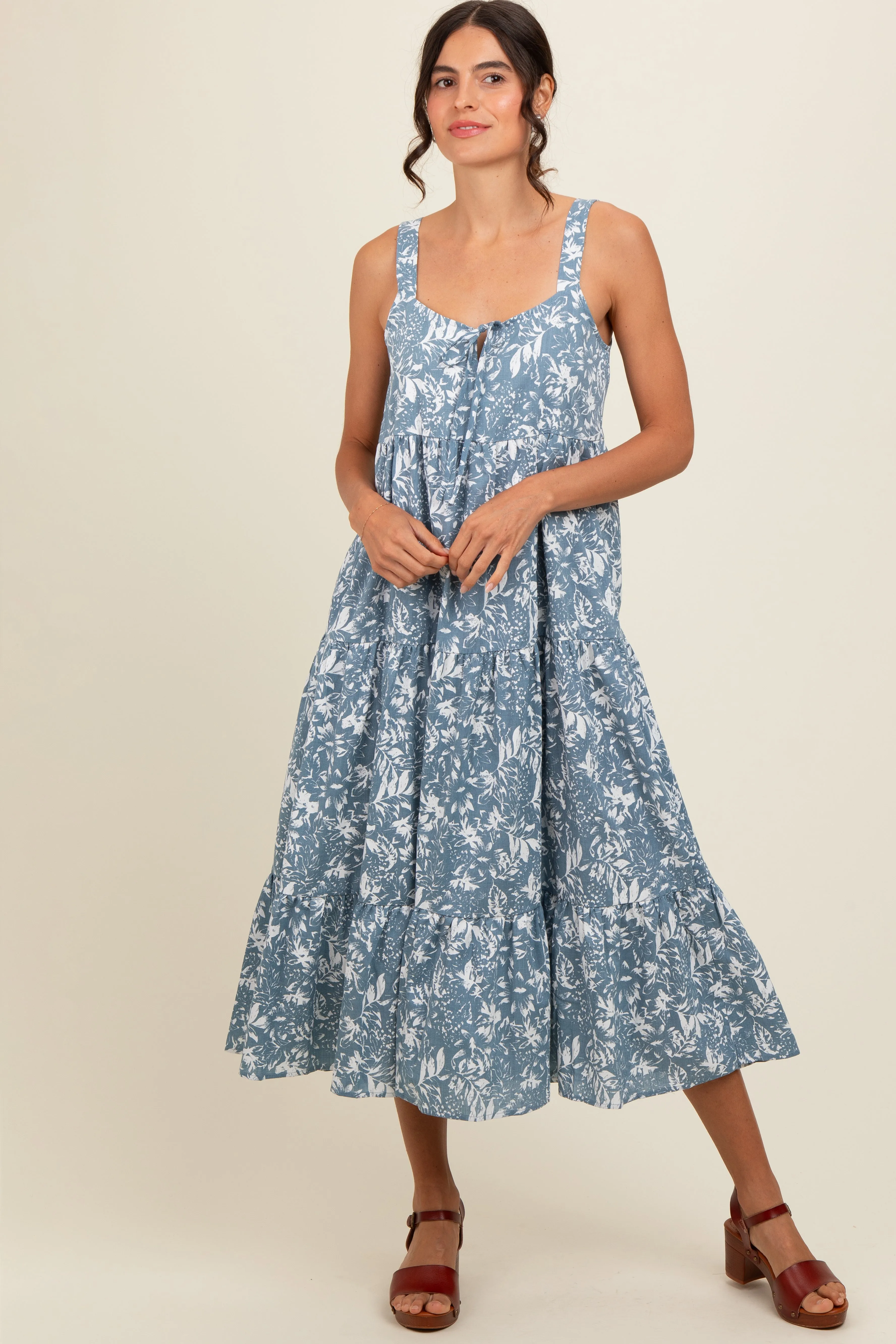 Blue Floral Tiered Maternity Midi Dress sold by Pinkblush product image thumbnail 5