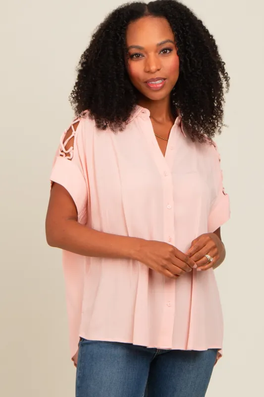 Blush Button Down Lace-Up Shoulder Top sold by Pinkblush