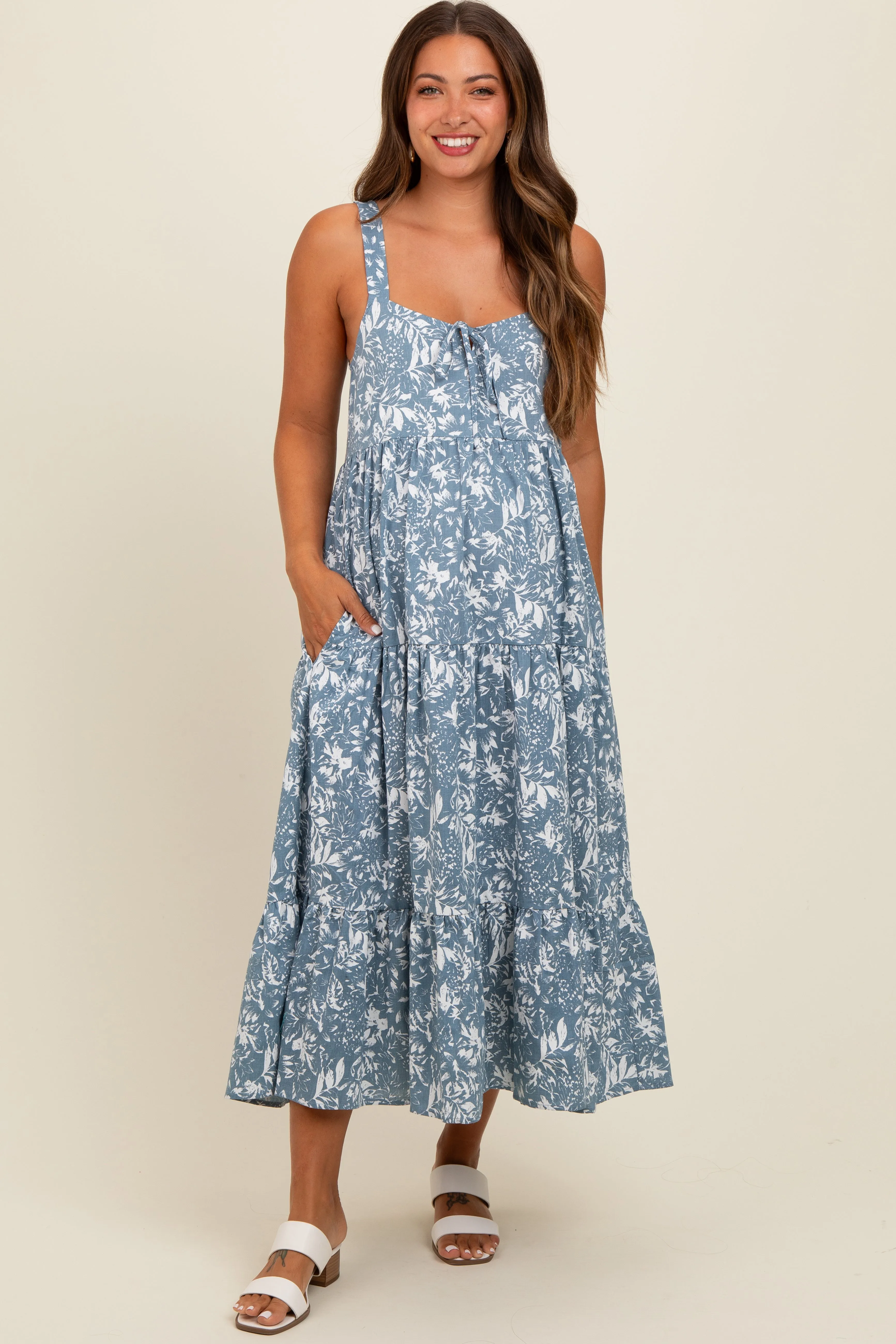 Blue Floral Tiered Maternity Midi Dress sold by Pinkblush product image thumbnail 2