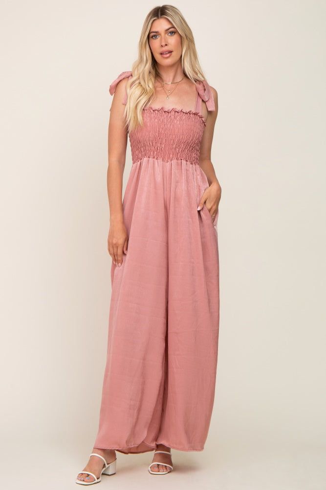 Mauve Satin Smocked Square Neck Shoulder Tie Jumpsuit sold by Pinkblush product image thumbnail 4