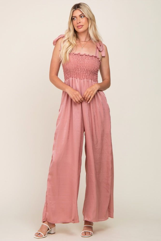 Mauve Satin Smocked Square Neck Shoulder Tie Jumpsuit sold by Pinkblush