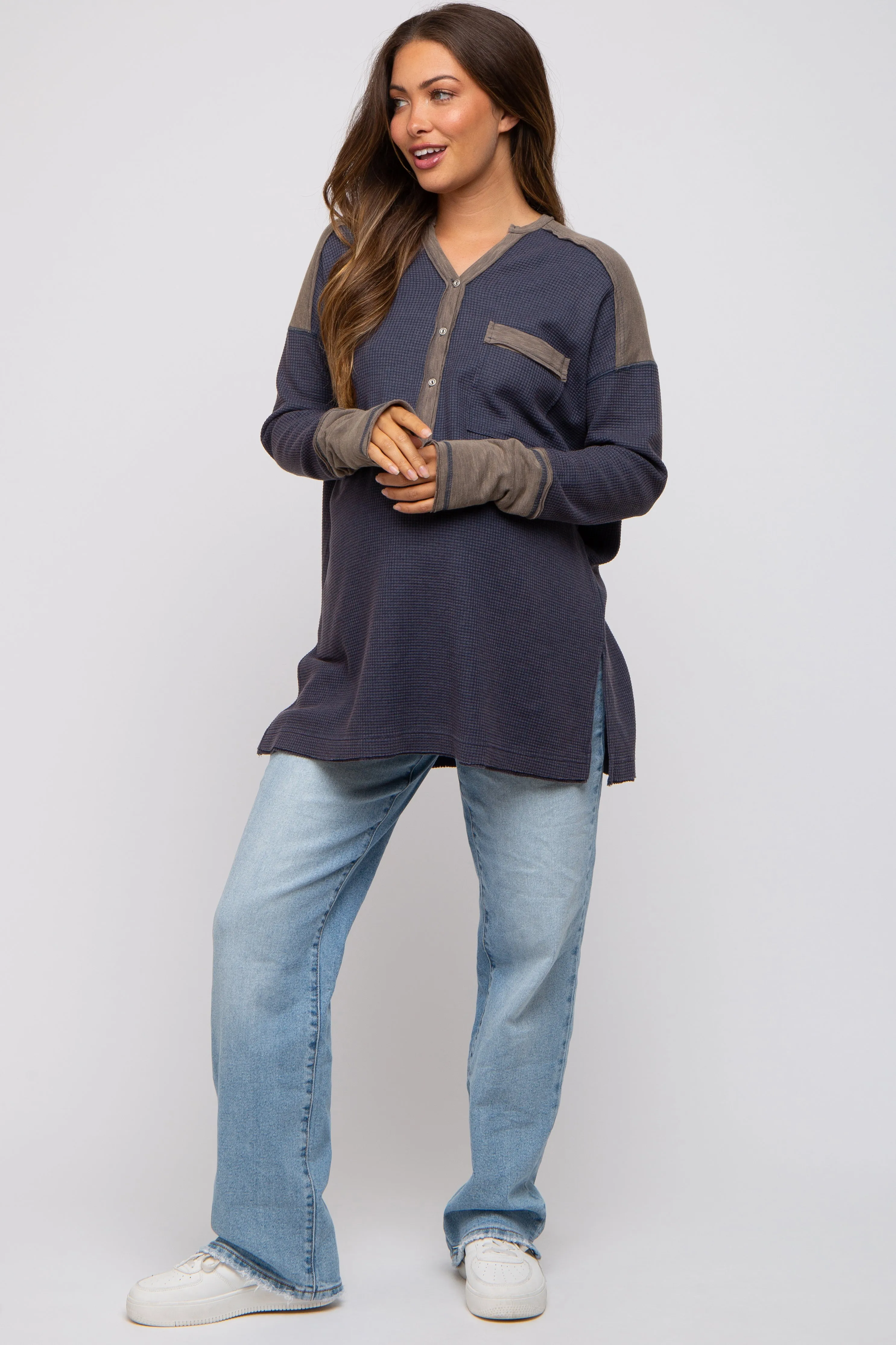 Charcoal Colorblock Waffle Knit Henley Maternity Top sold by Pinkblush product image thumbnail 3