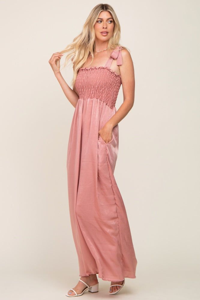 Mauve Satin Smocked Square Neck Shoulder Tie Jumpsuit sold by Pinkblush product image thumbnail 2