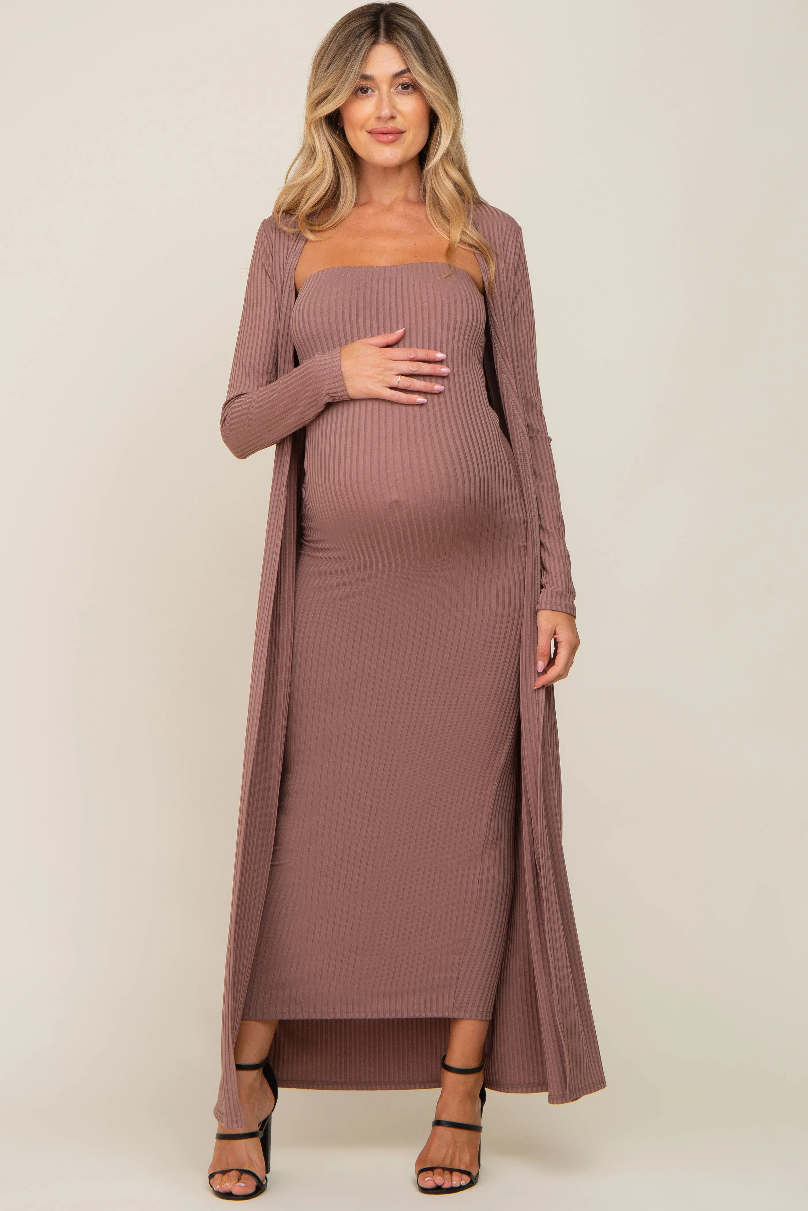 Mocha Ribbed Sleeveless Dress Cardigan Maternity Set sold by Pinkblush
