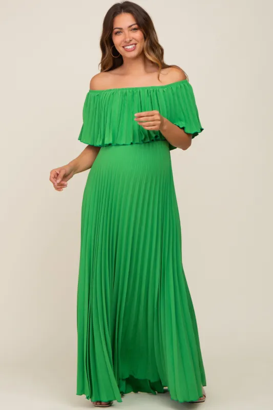 Green Pleated Off Shoulder Maternity Maxi Dress sold by Pinkblush
