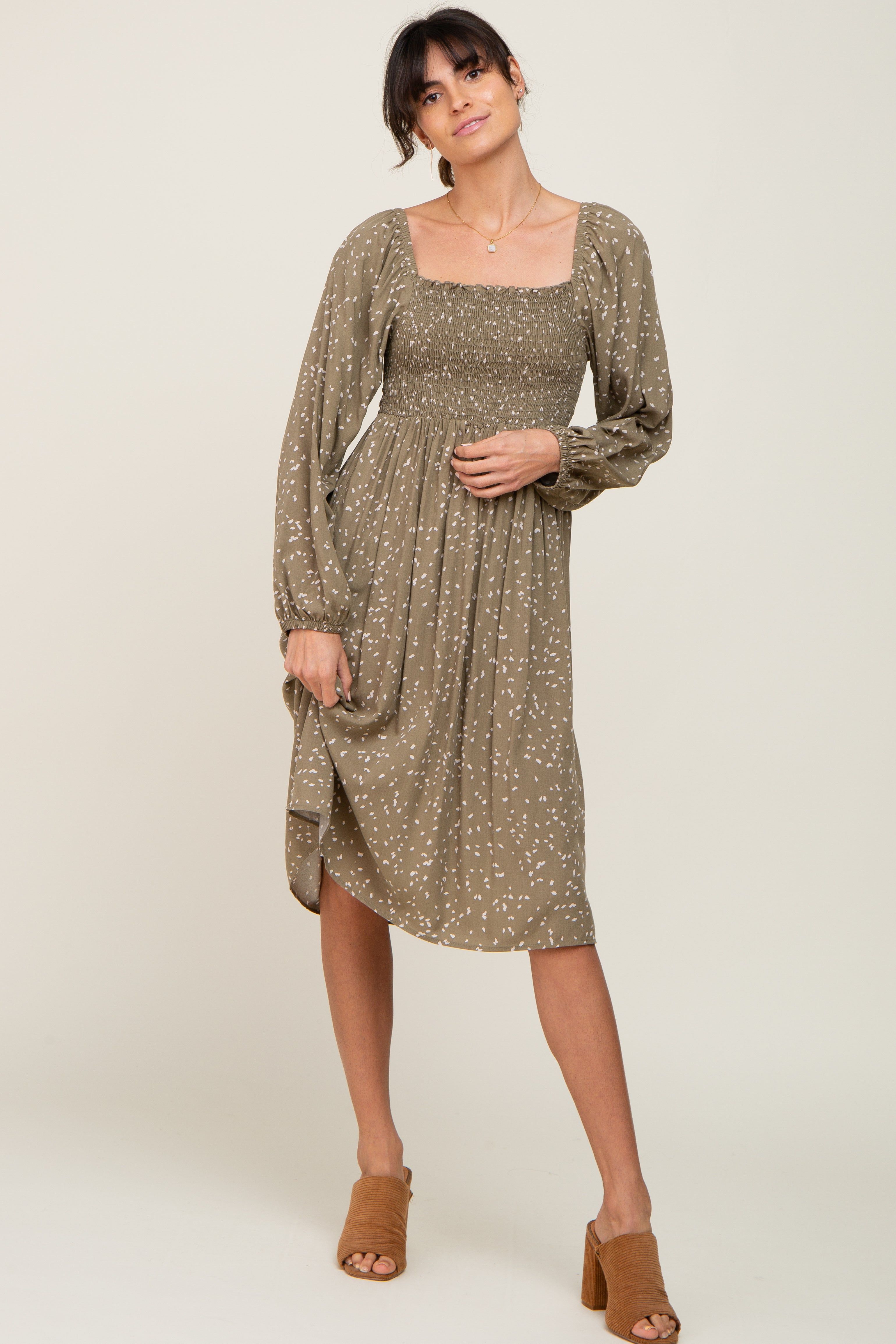 Olive Printed Long Sleeve Midi Dress sold by Pinkblush product image thumbnail 5