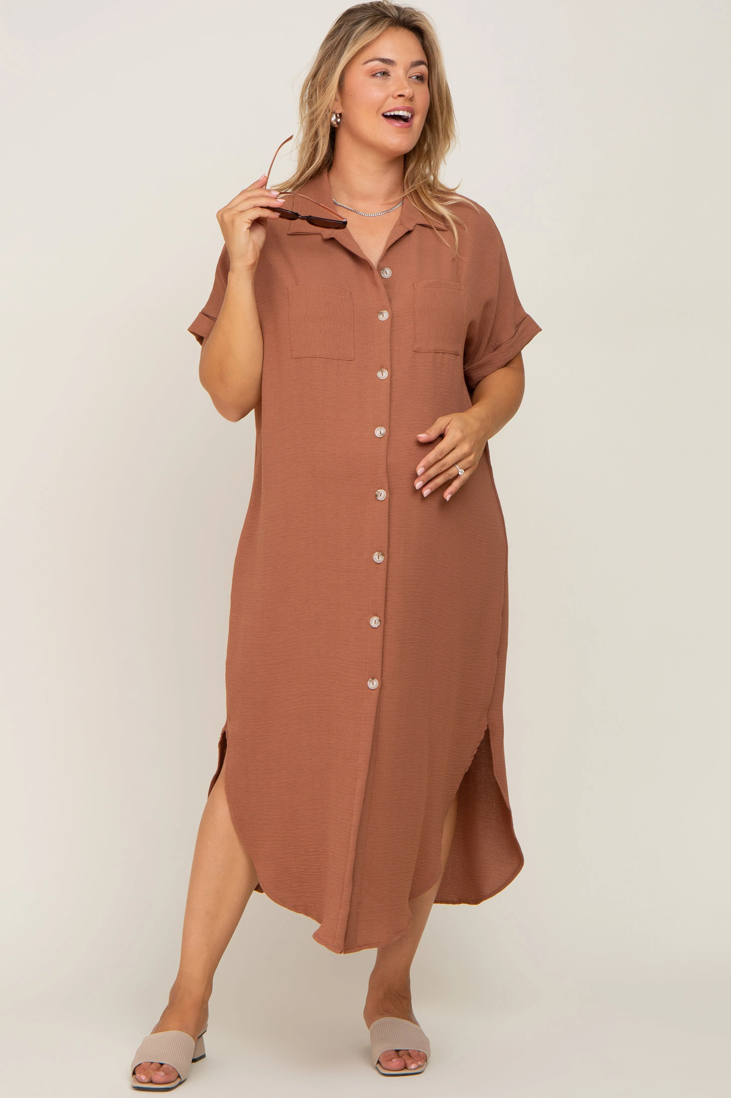 Mocha Button Down Hi Low Maternity Plus Maxi Dress sold by Pinkblush product image thumbnail 4